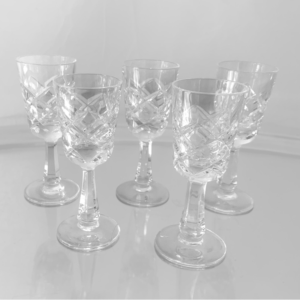 Set of 5 Galway O’Brien Diamond Cut Crystal Plain Base Liqueur Shot Glasses 4” T